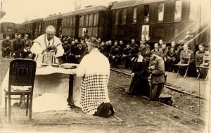 Blessed Emperor Karl and Empress Zita of Austria in the field attending Mass at the Train Station.