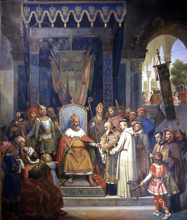 Emperor Charlemagne surrounded by his officers receiving Alcuin, who is presenting manuscripts made by his Monks Painted by Victor Schnetz