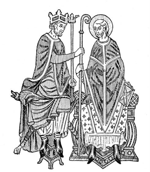 Simony was widespread and was one of the evils being addressed by the Church in the Investiture Question. In this woodcut, a king invests a bishop with the crozier and other insignia of his episcopal office, usurping the Pope's sole right to do this.