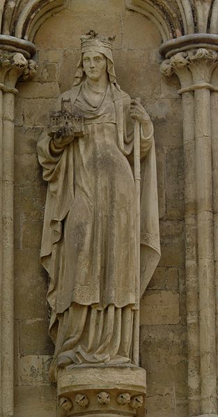 Statue of St Etheldreda on the West Front of Salisbury Cathedral, UK.