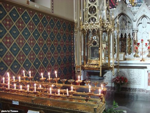 The shrine of St. Oliver Plunkett at St. Peter's Roman Catholic Church, Drogheda, Ireland. The martyr's head is visible in the box under the spire.