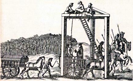 This is an illustration, said to be from about 1680, of the permanent gallows at Tyburn, which once stood where Marble Arch now stands. There was a three-mile cart ride in public from Newgate prison to the gallows, with large spectator stands lined along the way, so many people could see the hangings (for a fee). Huge crowds collected on the way and followed the accused to Tyburn.