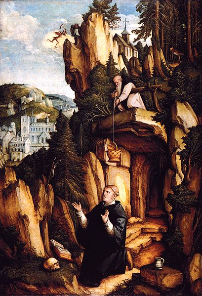 St. Benedict in prayer & solitude with food provided by the monk Romanus. 16th century painting by Meister von Meßkirch