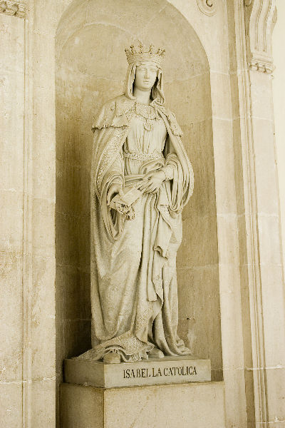 Statue of the Queen Isabelle the Catholic, in hallway inside the Palacio Real de Madrid (Royal Palace) in Madrid.