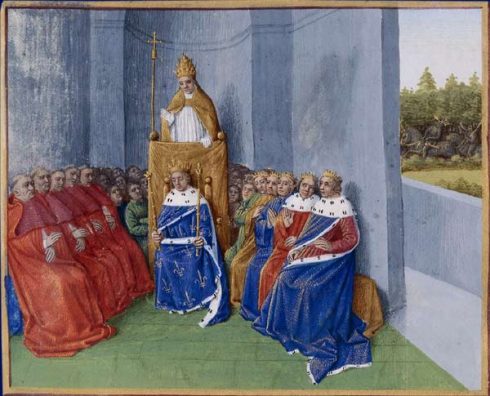 Pope Urban II preaching the First Crusade in the presence of Philip I, before the assembled bishops and princes.