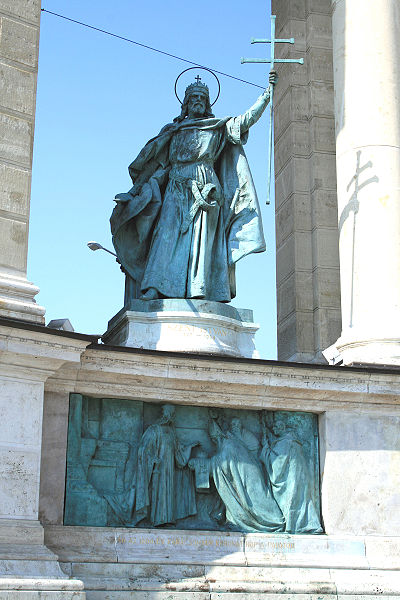 Statue of Stephen I of Hungary - Stephen I of Hungary, Millenium Monument on Heroes' square, Budapest, Hungary.