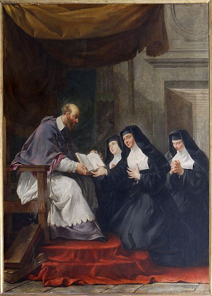 St. Francois de Sales giving the Rule of the Visitation to St. Jeanne de Chantal. Painting by Noël Hallé
