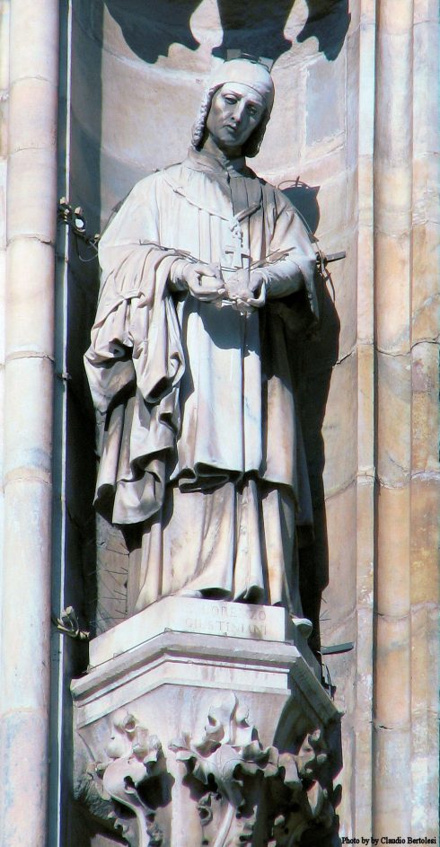 Statue of St. Lawrence on the South side of the Milan Cathedral.