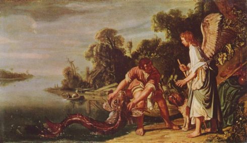 St. Raphael and Tobias catching the fish. Painting by Pieter Lastman