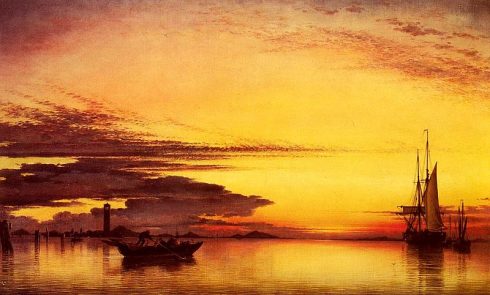 Sunset on the Lagune of Venice - San Georgio in Alga and the Euganean Hills in the Distance. Painting by Edward William Cooke