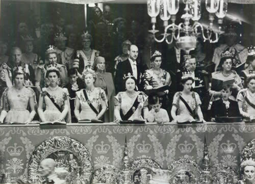   Photograph of the Royal Family in attendance at the coronation of Queen Elizabeth II