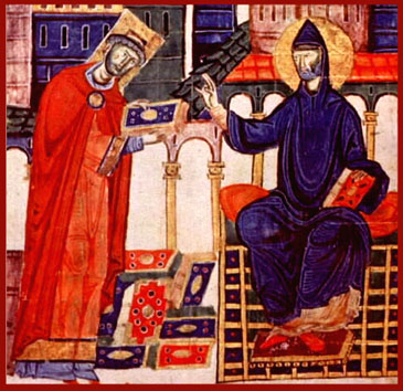 St. Benedict Bestows the Rule on Abbot Desiderius of Montecassino, later Pope Victor III, 11th c. MS illum.