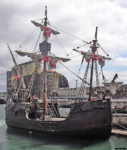 A replica of the Santa María, Columbus’ flagship in 1492 seen in the harbour of Funchal, Madeira.