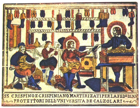 Saints Crispin and Crispinian, patron of shoemakers in a print of the eighteenth-century printers' Remondini of Bassano, Italy