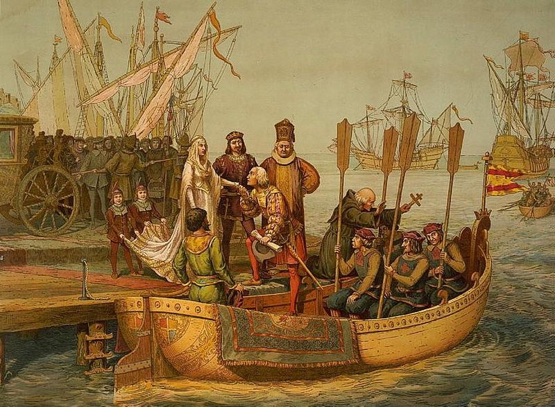 King Ferdinand and Queen Isabella bid farewell to Columbus for his First Voyage, Departure for the New World, August 3, 1492.