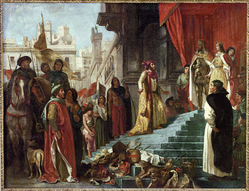 The return of Christopher Columbus; his audience before King Ferdinand and Queen Isabella. Painting by Eugene Delacroix
