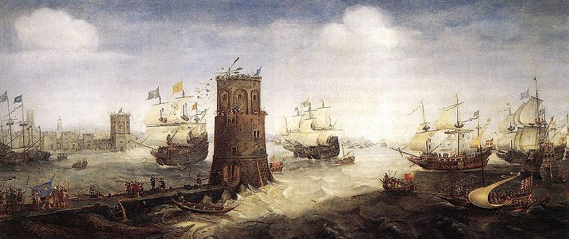 Frisian crusaders attack the tower of Damietta in a painting by Cornelis Claesz van Wieringen.