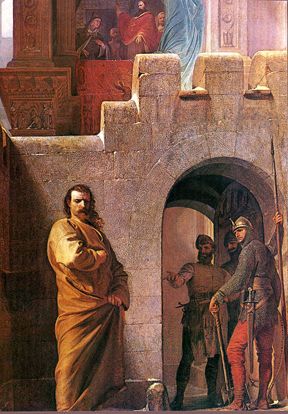 The excommunicated Henry IV at Canossa doing public penance with Pope Gregory VII looking on. Painting by Eduard Schwoiser