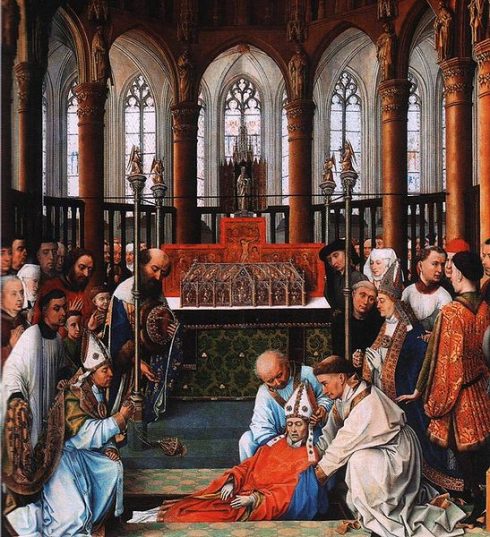 The exhumation of Saint Hubert in the Church Saint-Pierre at Liège. Painting by Rogier Van der Weyden