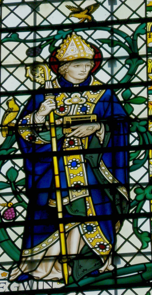 Stained glass window of St. Egwin in Worcester Cathedral by glass artist Geoffrey Fuller Webb. Photo taken by, with permission to use, by Robin Croft.