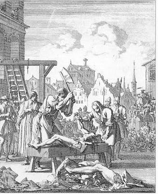 Hanged, drawn and quartered. Many of the English, by order of Elizabeth I, were martyred this way.