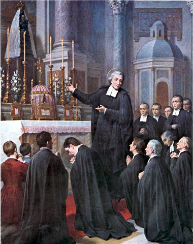 In June 1686, St. John Baptist de la Salle and twelve Brothers went to the shrine of Our Lady of Liesse to renew their vow of obedience. Painting by Giovanni Gagliardi, 1901