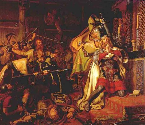 The death of Canute the Holy. Painting by Christian Albrecht von Benzon