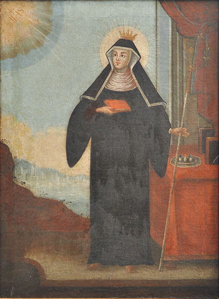 His daughter, St. Walburga, who became abbess of the monastery founded by her brother St. Willibald. The little vials represent the collected oil that secretes from her bones.