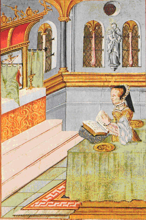 Queen Mary I praying before blessing the rings in the tray on her left. The illustration dates to her reign.
