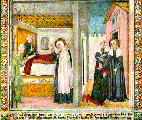 St. Frances curing the gangrenous leg of Janni, who had been ill a long time. On the right, Janni is thanking St. Frances. One of a series of frescoes in the Monastery of Tor de' Specchi in Rome, featuring stories of the life of St. Frances of Rome painted by Antoniazzo Romano.