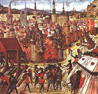 Capture of Jerusalem during the First Crusade, 1099, from a medieval manuscript.