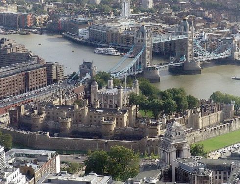 An aerial view of the Tower of London. Bl. Margaret Pole is buried inside the Royal Chapel of St Peter ad Vincula, which is at the first tower (of the five towers on the outerwall) on the right.