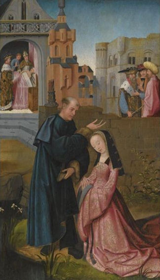 Baptism of St. Dymphna. One of Seven Scenes from the Life and Veneration of Saint Dymphna painted by Goswijn van der Weyden.