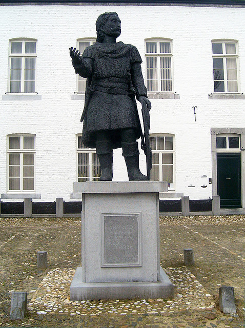 Statue of St. Ansfried of Utrecht in the square next to St. Michael's church of Thorn in the Netherlands. The Church is usually called Abdijkerk Thorn.