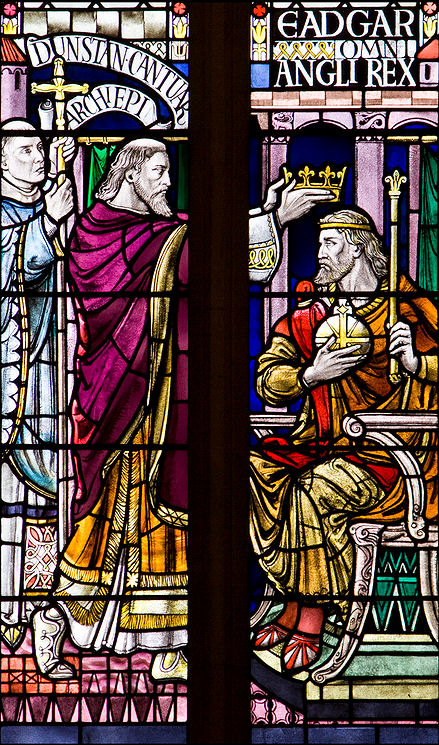 King Edgar of England being crowned by St. Dunstan, Archbishop of Canterbury. Edgar was crowned by Dunstan at Bath, and the service, devised by St. Dunstan himself, forms the basis of the present-day British coronation ceremony.