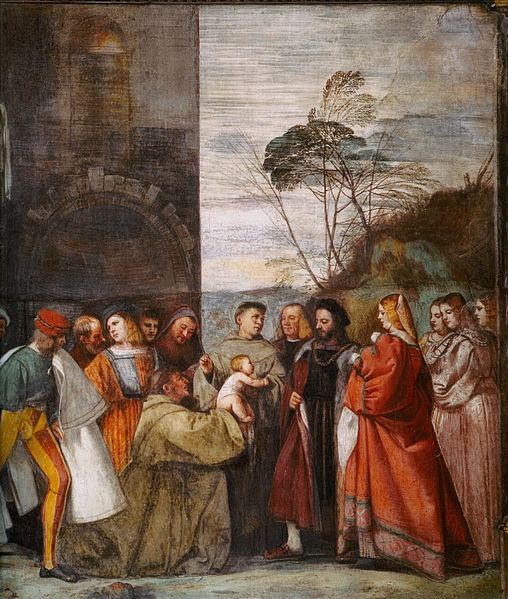 Miracle of the newborn child speaking. Painting by Titian