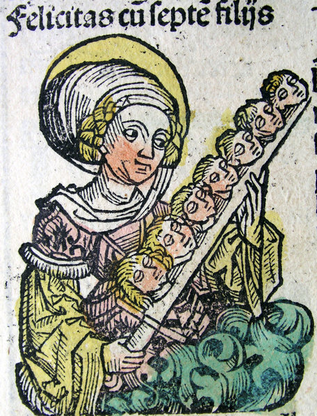 St. Felicitas with her Seven Sons. Illustration from the Nuremberg Chronicle, by Hartmann Schedel (1440-1514)