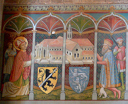 First part of mural: Bishop Otto of Bamberg carries with Count Rapoto of Abenberg, the first abbot of the monastery, a model of the Cathedral.