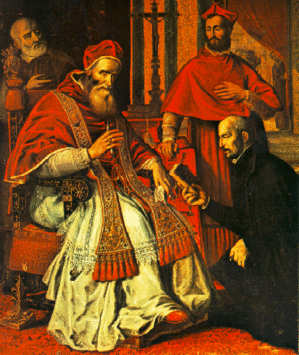 St. Ignatius giving to Pope Paul III the rules of the Jesuit Order. 