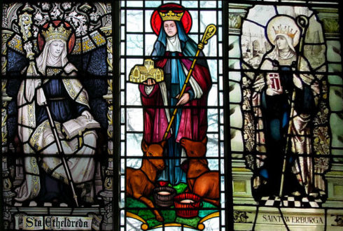From L to R: St. Etheldreda and St Withburga, sisters of St. Sexburga; St. Werburgh, the granddaughter of St. Sexburga. All three are incorrupt, though St. Werburgh's grave was destroyed under Henry VIII.