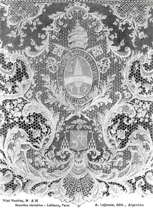 Intricate lace panel made by Blessed Zelie Martin and offered to Pope Leo XIII for his Jubilee. Click image to view larger image.