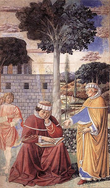 Conversion of St. Augustine. Painting by Benozzo Gozzoli of St. Augustine reading the Epistle of St Paul.