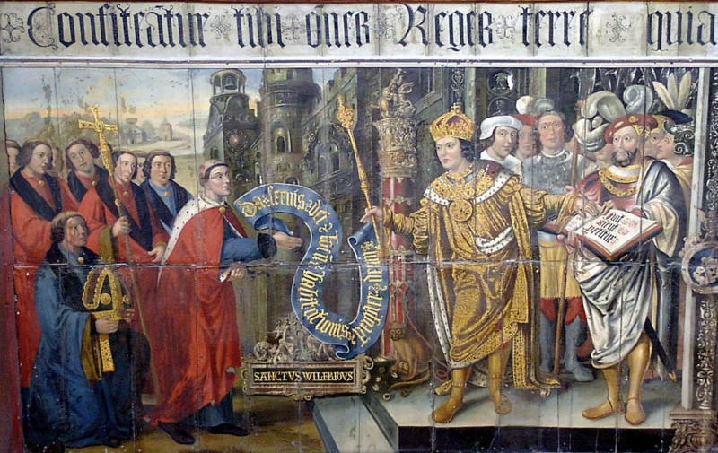  "In 686 King Caedwalla issued a charter confirming the rights and territories previously given to St. Wilfrid by king Aethelwealh and the estate of the Hundred of Pagham including Shripney, Charlton, Bognor, Bersted, Crimsham, Mundham and Tangmere. The handing over of the charter is brilliantly depicted in the Lambert Barnard mural in the south transept of Chichester Cathedral commissioned by Bishop Robert Sherburne c 1508-1536." 