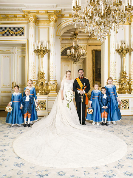 In this handout image provided by the Grand-Ducal Court of Luxembourg, Princess Stephanie of Luxembourg and Prince Guillaume of Luxembourg pose with Miss Isaure de le Court, Countess Louise de Lannoy, Mr Lancelot de le Court, Countess Caroline de Lannoy, Miss Madeleine Hamilton and Mr Gabriel de Luxembourg for an official photo inside the Grand-Ducal Palace after their wedding ceremony at the Cathedral of our Lady of Luxembourg on October 20, 2012 in Luxembourg. 