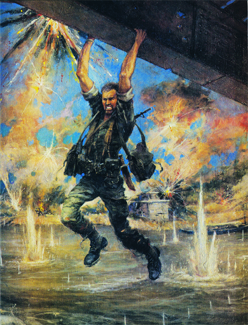 Painting by Col. Charles Waterhouse of Col. John Ripley dangling above Cua Viet River as Angry North Vietnamese soldiers fire upon him.