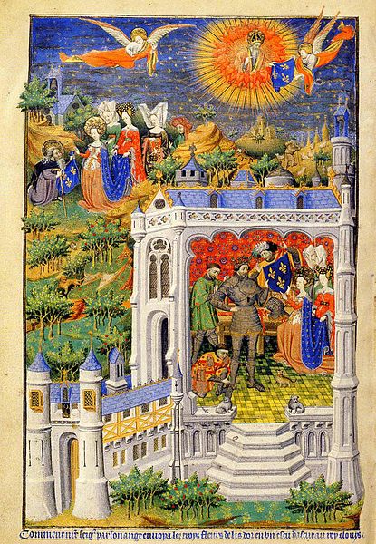A page from the Bedford Book of Hours (c. 1423), illustrating the legend of King Clovis receiving the fleurs-de-lis. 