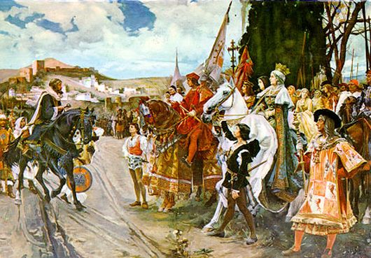 The Capitulation of Granada, Painting by Francisco Pradilla y Ortiz. Boabdil gives the keys of the city to King Ferdinand and Queen Isabella