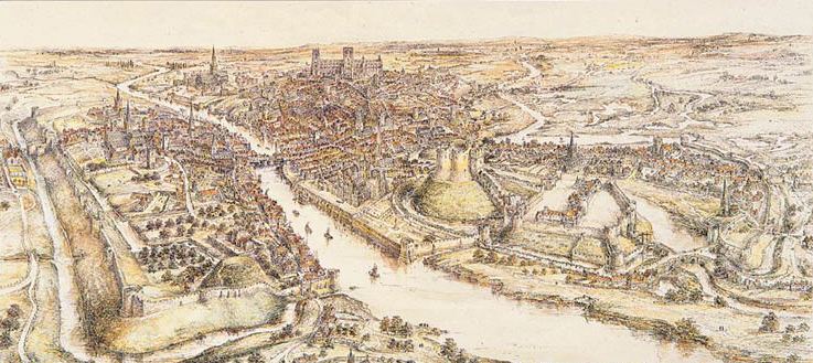 A panoramic view of York in the 15th century. Watercolour by E. Ridsdale Tate