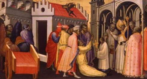 Saint Hugh of Lincoln exorcizes a possessed, painted by Gherardo di Starnina
