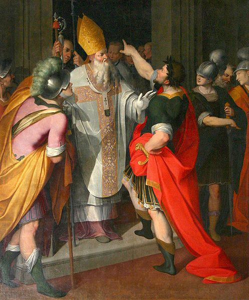 St Ambrose Stopping Theodosius from entering the Church. For his responsibility for a massacre at Thessalonika in 390, the emperor Theodosius was excommunicated by St. Ambrose until he had public penance. The emperor is shown on the church steps surrounded by his courtiers. St. Ambrose forbids him to enter.